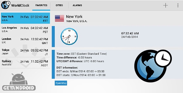دانلود World Clock FULL 2.2.0 - برنامه نمایش ساعت شهرهای جهان برای اندروید