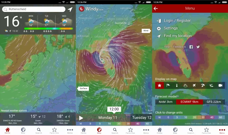 Windy.app برنامه نمایش وضعیت باد